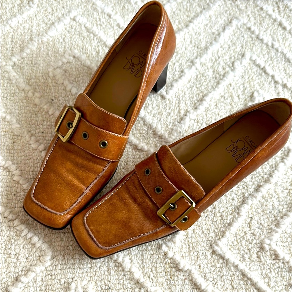 Joan & David Brown Leather Loafers with Square Buckle